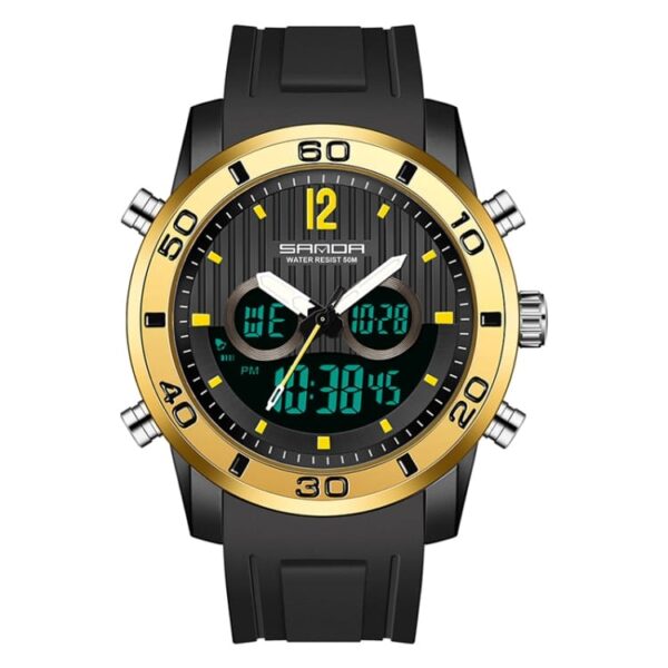SANDA 3106 Black Gold SANDA 3106 Digital Quartz Analog Dual Time Casual Sports Water Proof Watch for Men