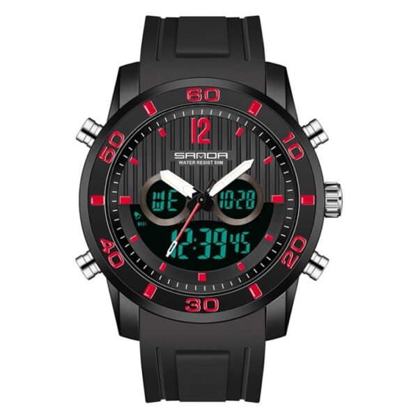 SANDA 3106 Black Red SANDA 3106 Digital Quartz Analog Dual Time Casual Sports Water Proof Watch for Men