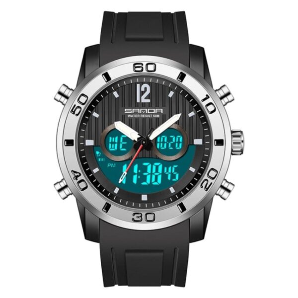 SANDA 3106 Black Silver SANDA 3106 Digital Quartz Analog Dual Time Casual Sports Water Proof Watch for Men