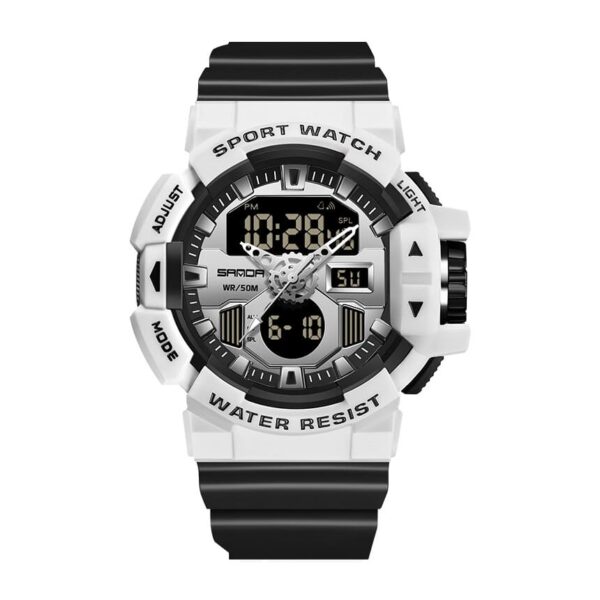 SANDA 3129 White Black SANDA 3129 Casual Sport Dual Time Analog Quartz Digital Water Proof Watch for Men