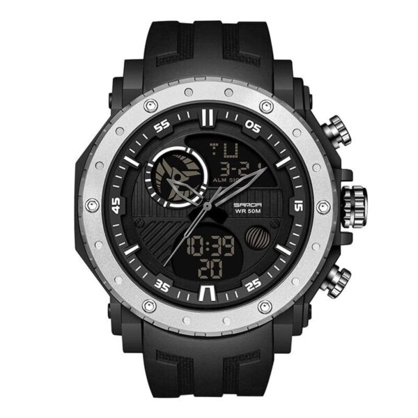 SANDA 6012 Black Silver SANDA 6012 Digital Quartz Analog Dual Time Sports Army Water Proof Men's Watch