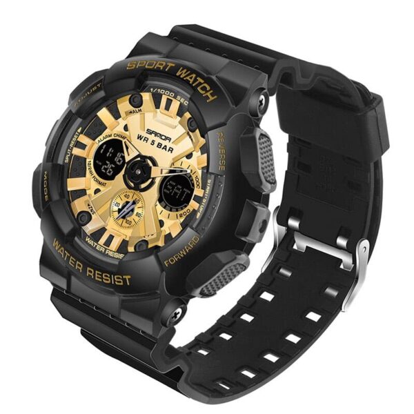 SANDA 6033 Black Gold SANDA 6033 Digital Dual Time Quartz Analog Sports Casual Water Proof Men Women Unisex Watch