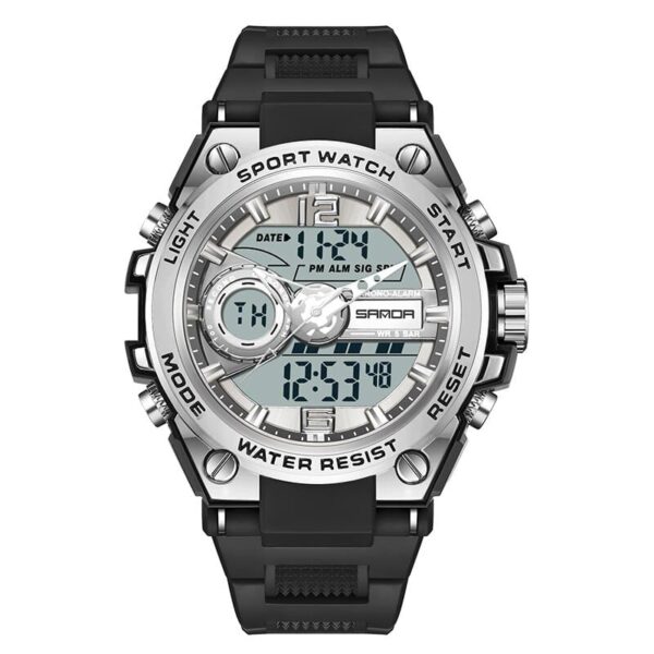 SANDA 6092 Black Silver SANDA 6092 Digital Quartz Analog Dual Watch Military Sports Water Proof Watch for Men