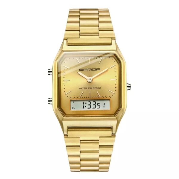 SANDA 747 Gold SANDA 747 Digital Quartz Analog Dual Time Casual Classic Square Face Water Proof Men's Watch