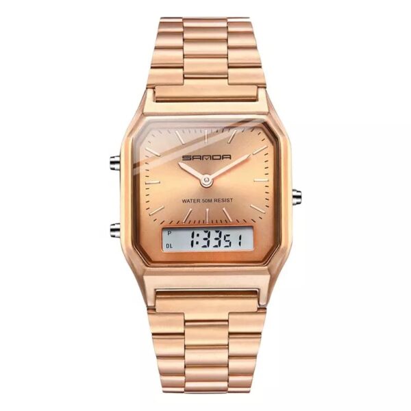 SANDA 747 Rose Gold SANDA 747 Digital Quartz Analog Dual Time Casual Classic Square Face Water Proof Men's Watch