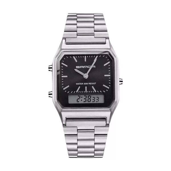 SANDA 747 Silver Black SANDA 747 Digital Quartz Analog Dual Time Casual Classic Square Face Water Proof Men's Watch