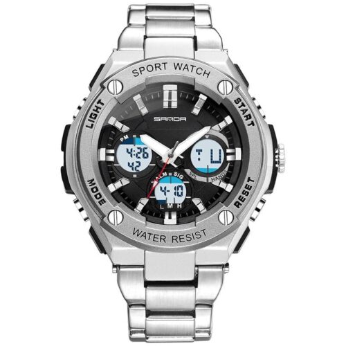 SANDA 783 Silver SANDA 783 Quartz Digital Dual Time Casual Business Watch for Men