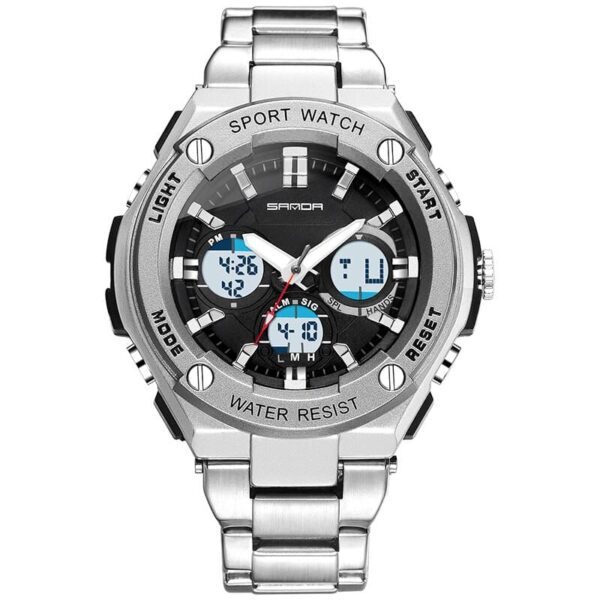 SANDA 783 Silver SANDA 783 Quartz Digital Dual Time Casual Business Watch for Men