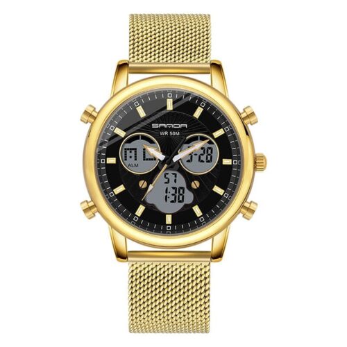 SANDA 803 Gold SANDA 803 Quartz Analog Digital Dual Time 5 ATM Water Proof Watch for Men