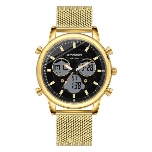 SANDA 803 Gold SANDA 803 Quartz Analog Digital Dual Time 5 ATM Water Proof Watch for Men