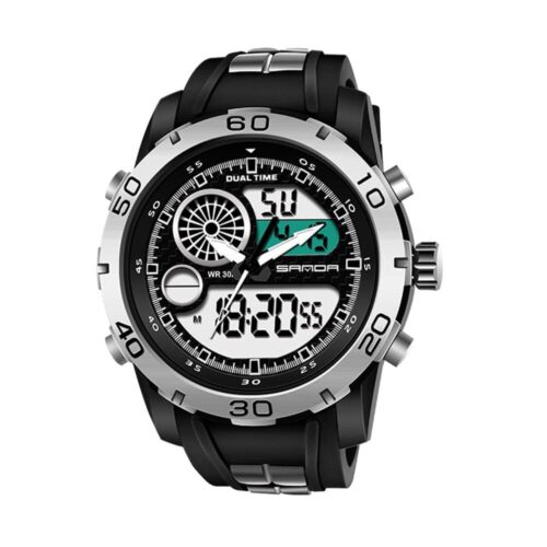 SANDA 795 Black Silver SANDA 795 Dual Time Quartz Analog Digital Casual Sports Watch for Men