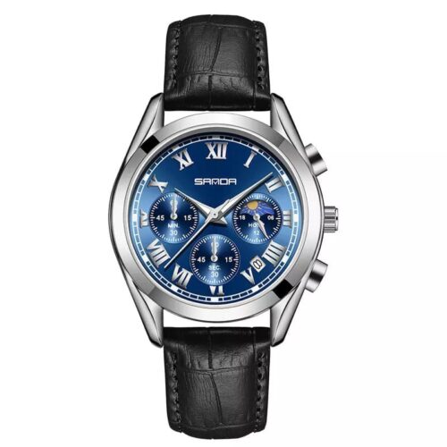 SANDA P5012 Silver Blue SANDA P5012 Quartz Casual Business Analog Leather Strap Men's Watch