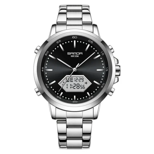 SANDA 3301 Digital Analog 50M Waterproof Stainless Steel Leather Strap Business Men's Watch
