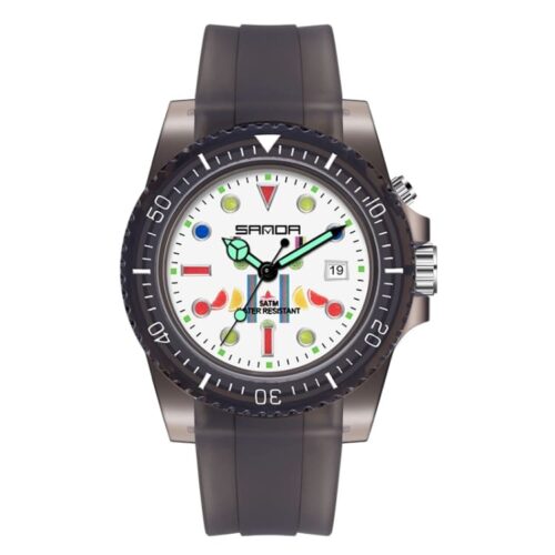 SANDA 6078 Transparen Black White SANDA 6078 Analog Quartz Fluorescent Calendar Silicone Strap Waterproof Women's Watch